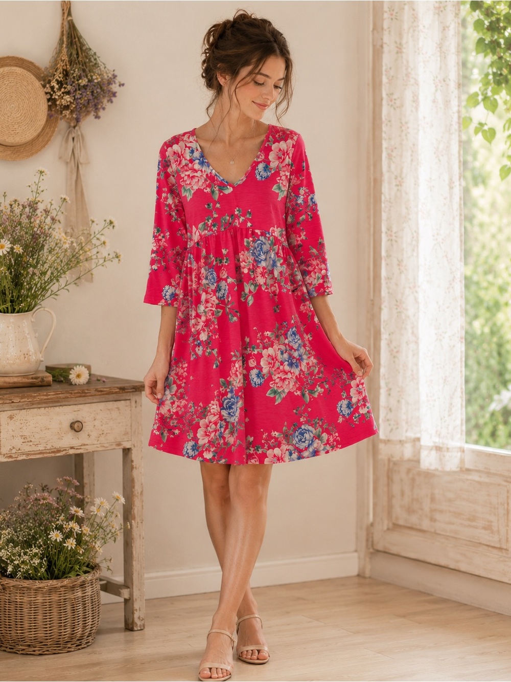 Voll Dress Floral Babydoll Pink Blue V Neck Romantic Cottagecore Size M